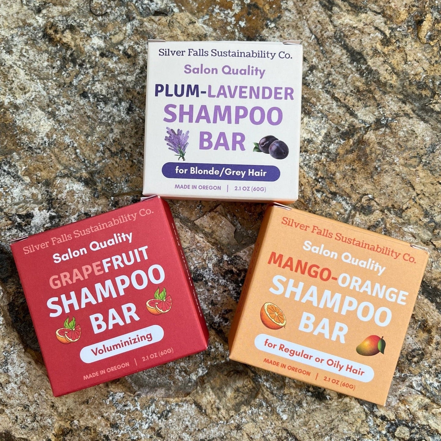 Three Silver Falls Premium Shampoo Bars: Plum-Lavender, Grapefruit, and Mango-Orange