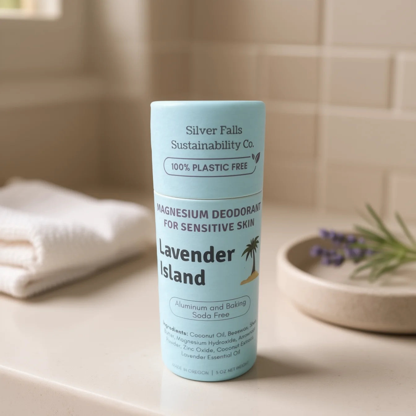 Silver Falls Sensitive magnesium deodorant, Lavender Island, in a plastic-free paper tube