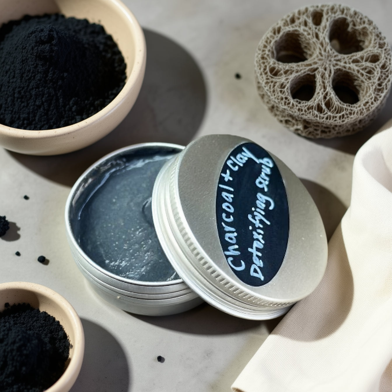 Open jar of Charcoal + Clay detoxifying scrub with a lid labeled on a textured surface.