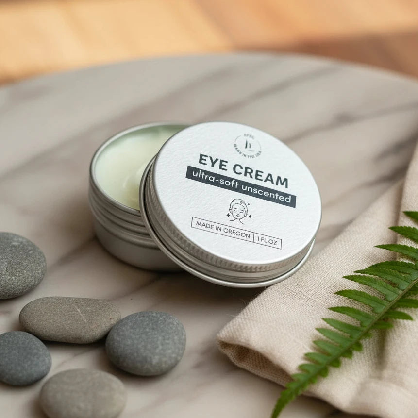 Silver Falls Sustainability Co. Ultra-Soft Unscented Eye Cream in aluminum tin on beige cloth