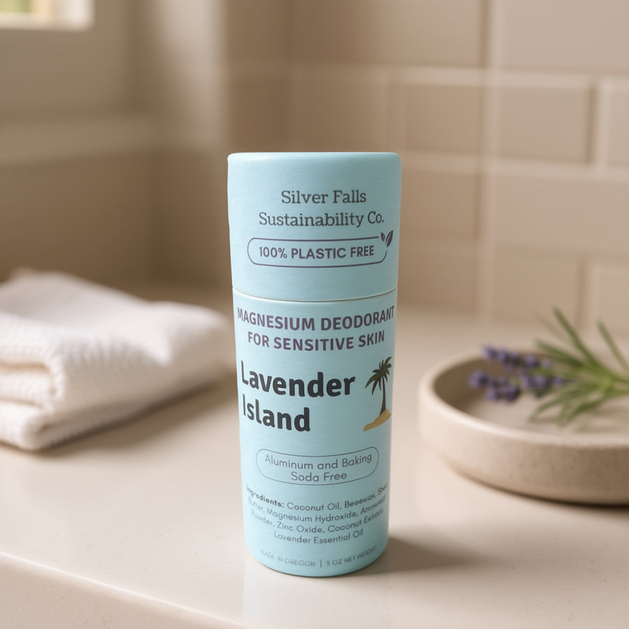 Silver Falls Sensitive magnesium deodorant, Lavender Island, in a plastic-free paper tube